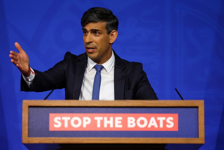 LONDON, ENGLAND - APRIL 22: British Prime Minister Rishi Sunak gestures as he speaks during a press conference at Downing Street on April 22, 2024 in London, England. (Photo by Toby Melville - WPA Pool/Getty Images)