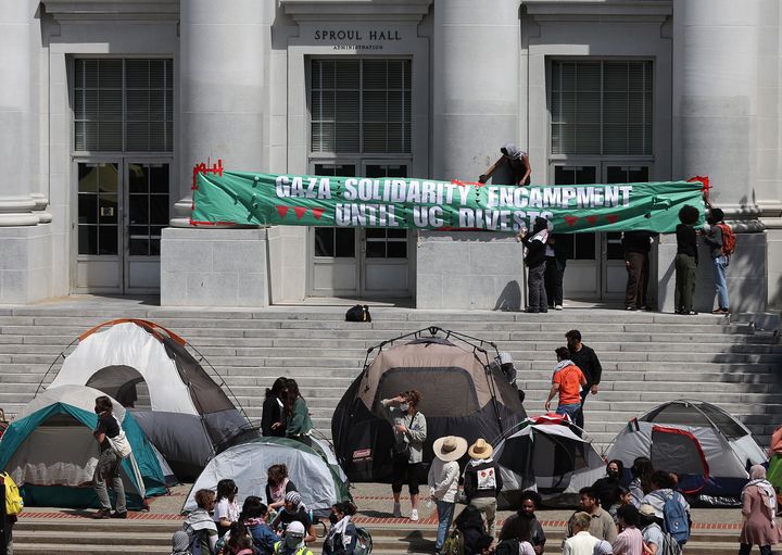 Pro-Palestinian protesters set up a tent encampment in front of Sproul Hall on the UC Berkeley campus on Monday in Berkeley, California, in solidarity with protesters at Columbia University who are demanding a permanent cease-fire in war between Israel and Gaza.