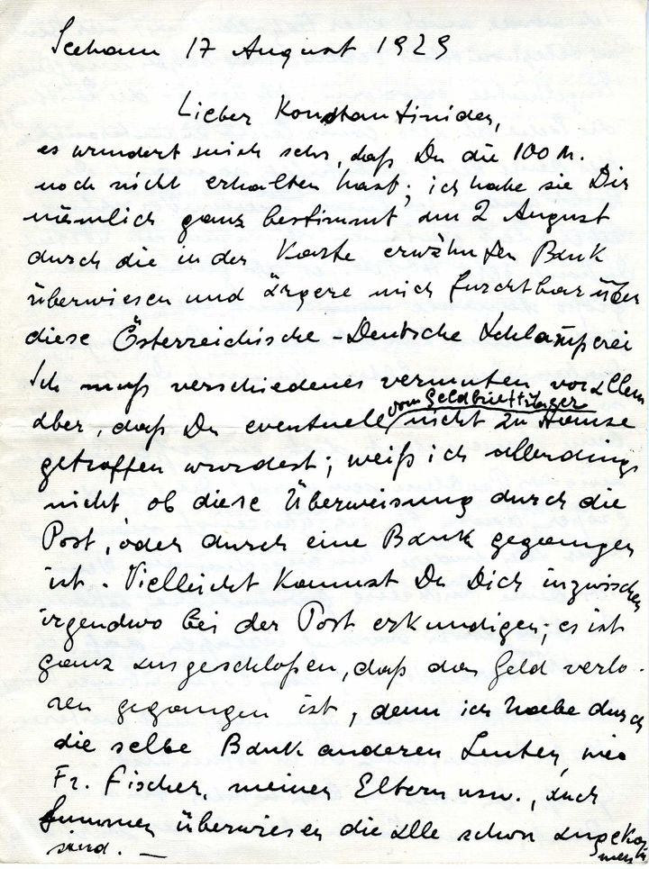Επιστολή του Νίκου Σκαλκώτα στον Γιάννη Κωνσταντινίδη, 17/8/1929.