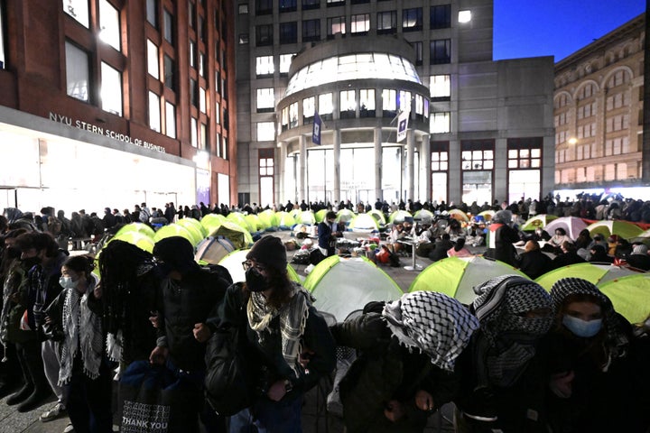 An NYU spokesperson said the demonstrators took over school property without advanced notice or authorization. Tents were seen assembled by students throughout the Gould Plaza on Monday night.