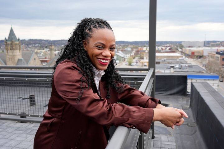 U.S. Rep. Summer Lee (D-Pa.) stands for a portrait overlooking the East Liberty neighborhood of Pittsburgh on April 8.