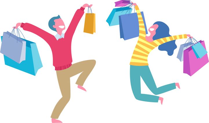 Happy people with shopping bags — man and woman jumping and laughing