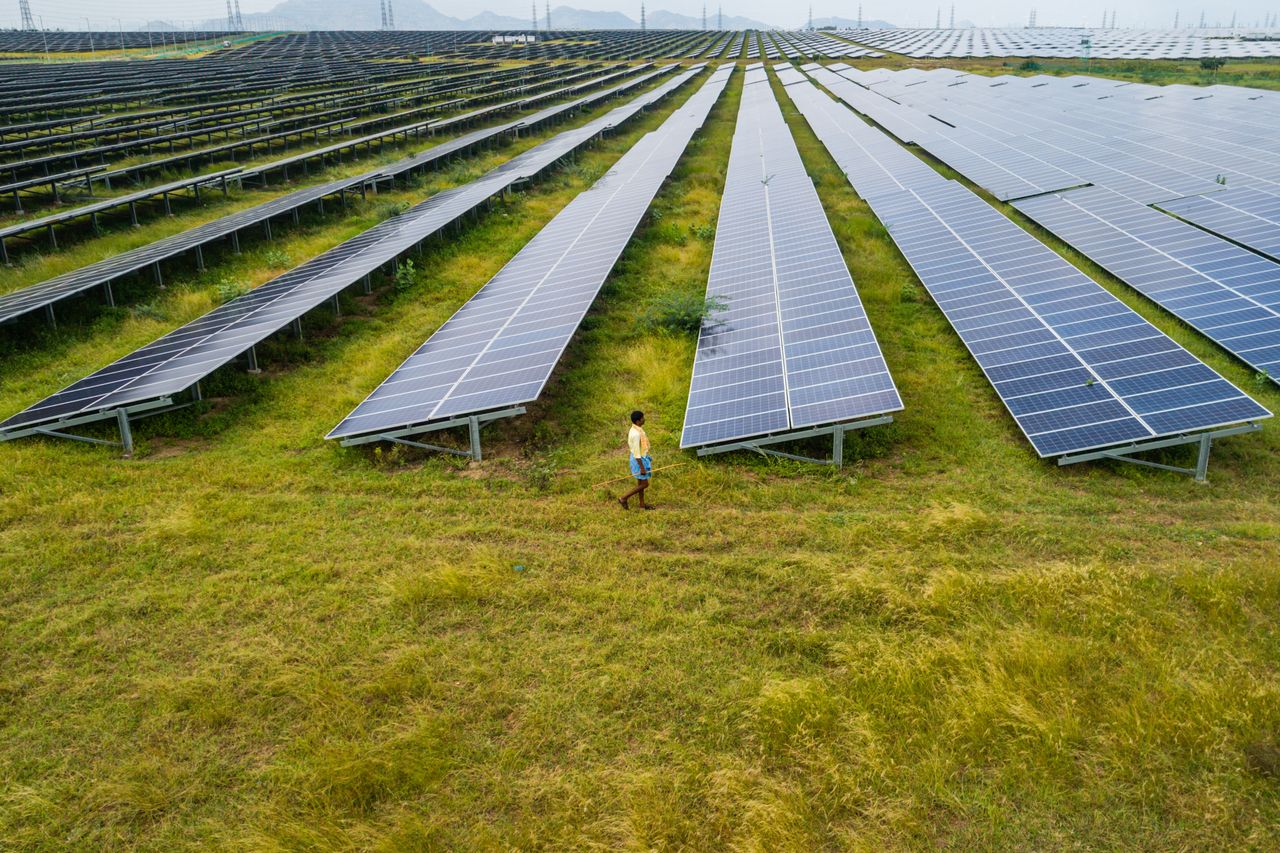 An aerial view shows a shepherd walk past photovoltaic cell solar panels in the Pavagada Solar Park on October 11, 2021 in Kyataganacharulu village, Karnataka, India. 