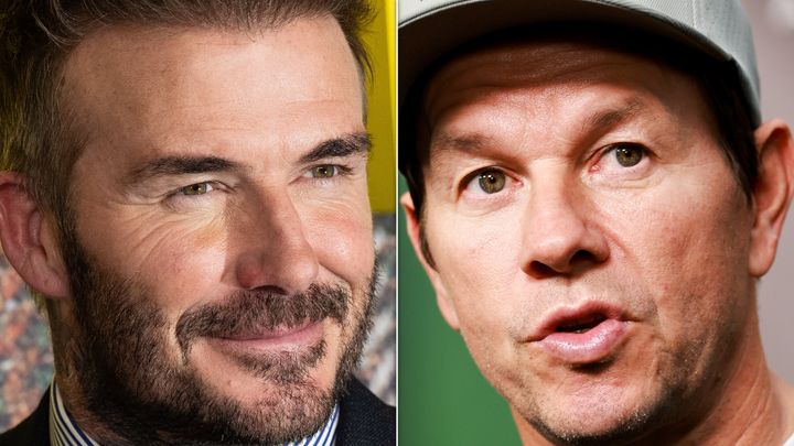 Soccer star David Beckham, left, is suing the fitness company F45 for millions. Actor Mark Wahlberg, right, owns a 36% share in the company.