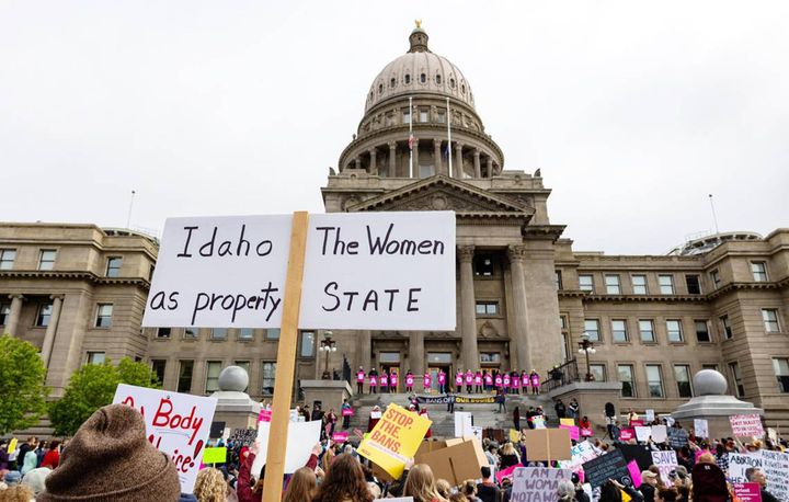 Demonstrators attend an abortion rights rally outside the Idaho State Capitol in Boise on May 14, 2022.