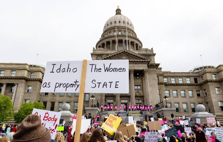 Demonstrators attend an abortion rights rally outside the Idaho State Capitol in Boise on May 14, 2022.