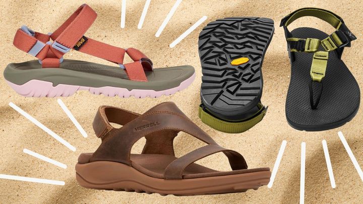 A pair of leather Merrell slip-ons, an all-terrain Teva sandal and minimalist T-straps by Bedrock Sandals.