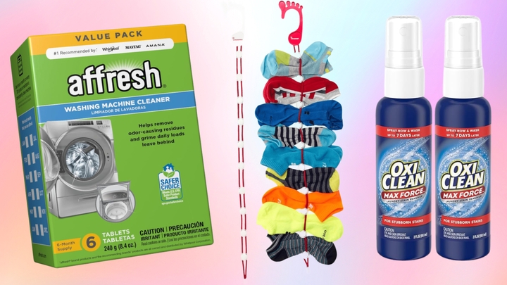 Left to right: Affresh tablets, washer and dryer sock organizer and OxiClean Max Force stain spray