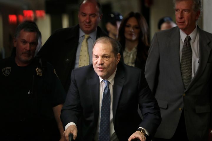 Harvey Weinstein arrives at a Manhattan courthouse for jury deliberations in his rape trial in New York in 2020.