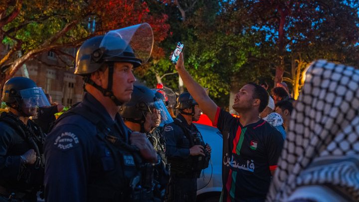 Pro-Palestinian protesters attempt to establish a "solidarity encampment" on the University of Southern California campus in Los Angeles, California, on April 24, 2024.