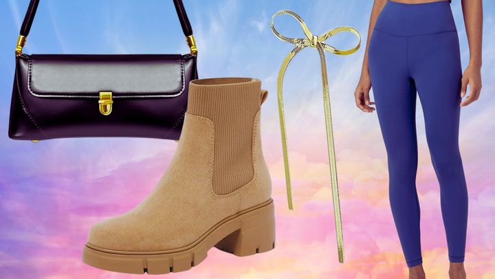 A retro-style baguette purse, a chunky Chelsea boot, a waterfall-style bow earring and a vibrant pair of leggings from Amazon.
