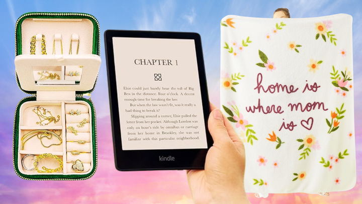 A travel jewelry case, a Kindle Paperwhite and a soft fleece blanket.