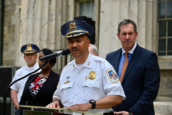 Baltimore County Police Chief Robert McCullough and other local officials speak at a news conference in Towson, Maryland, on Thursday April 25, 2024. The officials discussed the arrest of a high school athletic director on charges that he used artificial intelligence to impersonate a principal on an audio recording that included racist and antisemitic comments. (Kim Hairston/The Baltimore Sun via AP)