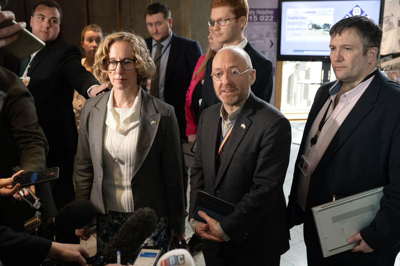 Scottish Green Party co-leaders Lorna Slater and Patrick Harvie speaking to the media at the Scottish Parliament in Holyrood, Edinburgh, after First Minister Humza Yousaf terminated the Bute House Agreement.