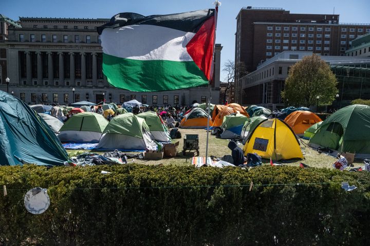 Columbia University students participate in an ongoing pro-Palestinian encampment on their campus following last week's arrest of more than 100 protesters on April 25 in New York City.