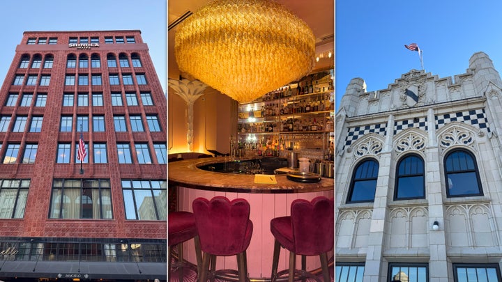 Exterior of the Shinola Hotel (left), bar at The Siren and The Monarch Club at the top of the historic Metropolitan Building.