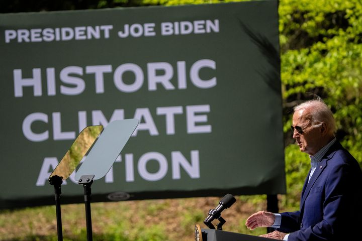 U.S. President Joe Biden speaks on Earth Day at Prince William Forest Park on April 22, 2024 in Triangle, Virginia. 