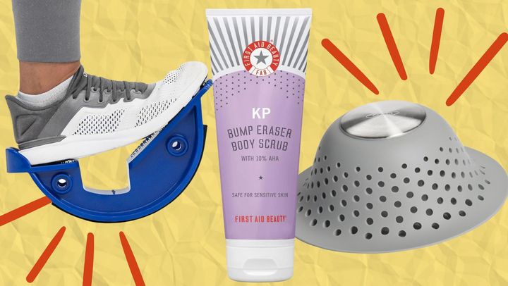 A rocking foot stretcher to help with plantar fasciitis pain, First Aid Beauty's bump-erasing skin scrub and a hair-catching drain cover. 