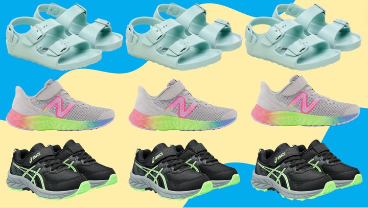 Birkenstock sandals, New Balance, and kids' Asics.