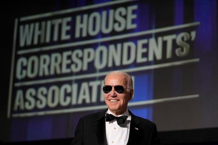 President Joe Biden wears sunglasses after making a joke about becoming the "Dark Brandon" persona during the White House Correspondents' Association dinner at the Washington Hilton in Washington, Saturday, April 29, 2023. (AP Photo/Carolyn Kaster)