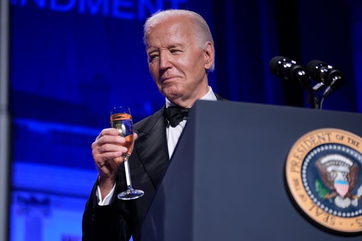 President Joe Biden makes a toast to a free press at the White House Correspondents' Association Dinner at the Washington Hilton, Saturday, April 27, 2024, in Washington. (AP Photo/Manuel Balce Ceneta)