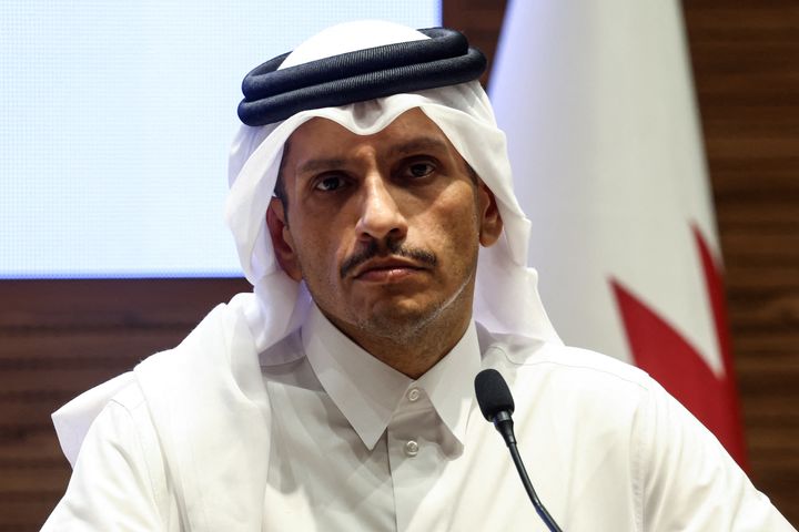 Qatar's Prime Minister and Foreign Minister Sheikh Mohammed bin Abdulrahman al-Thani gives a press conference with his Turkish counterpart in Doha on April 17, 2024. Qatar is reassessing its role as a mediator between Israel and Hamas after suffering criticism, its prime minister said on April 17.