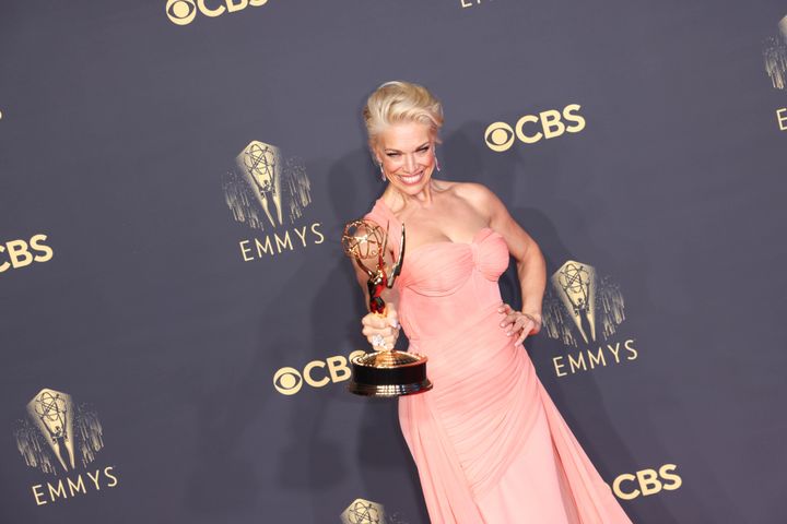 Hannah Waddingham celebrating her Emmy win in 2021