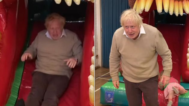 Boris Johnson on the bouncy castle at his son Wilf's birthday party