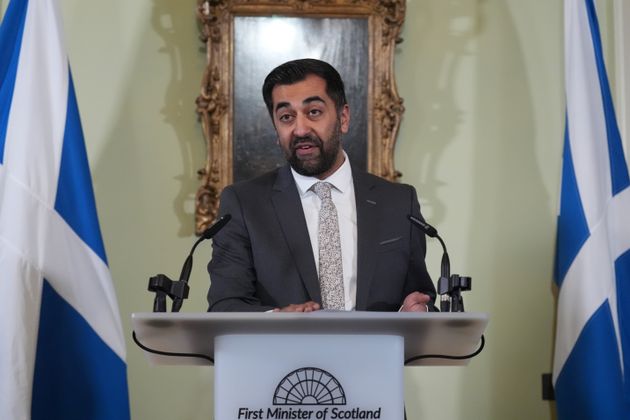 EDINBURGH, SCOTLAND - APRIL 29: First Minister Humza Yousaf speaks during a press conference at Bute House, his official residence in Edinburgh where he said he will resign as SNP leader and Scotland's First Minister on April 29, 2024 in Edinburgh, Scotland. Humza Yousaf resigned from Office today ahead of a confidence vote he was expected to lose after the coalition with The Scottish Green Party fell apart last week. Yousaf was in office for just 398 days after the previous leader Nicola Sturgeon stood down in March 2023. (Photo by Andrew Milligan-Pool/Getty Images)