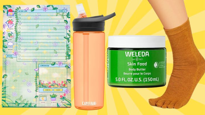 A planner pad, Weleda Skin Food body butter, a CamelBak water bottle and comfy toe socks.