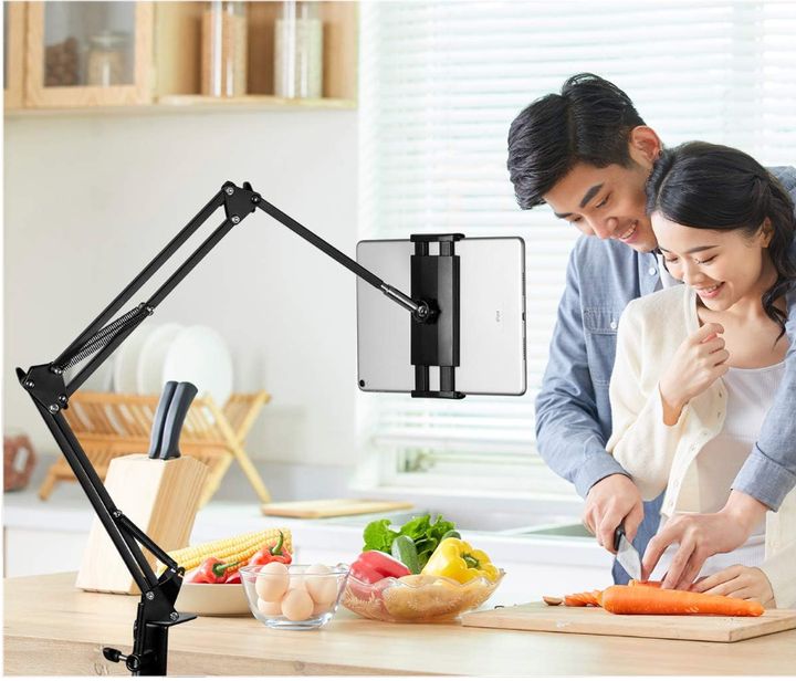 The foldable stand is fully adjustable and 360-degree rotatable.