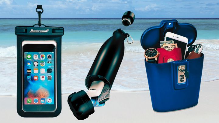 A waterproof phone pouch, a water bottle with a discreet storage area and a portable lock box from Amazon. 