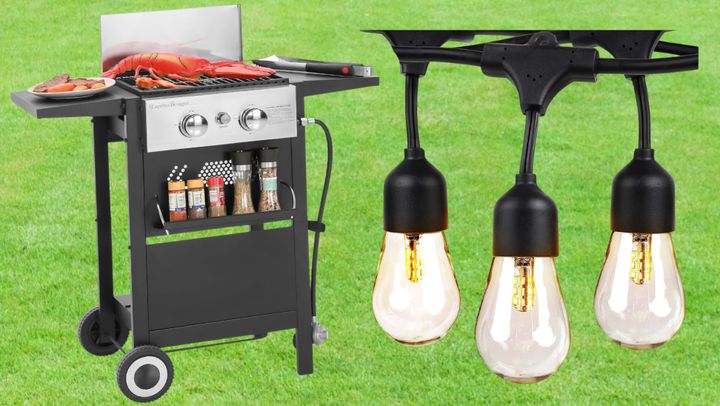 Two burner propane gas grill and solar-powered patio string lights. 