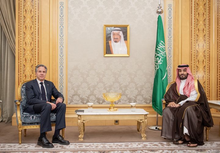 U.S. Secretary of State Antony Blinken (L) meets with Saudi Arabian Crown Prince Mohammed Bin Salman during his visit for The World Economic Forum in Riyadh, Saudi Arabia on April 29, 2024.