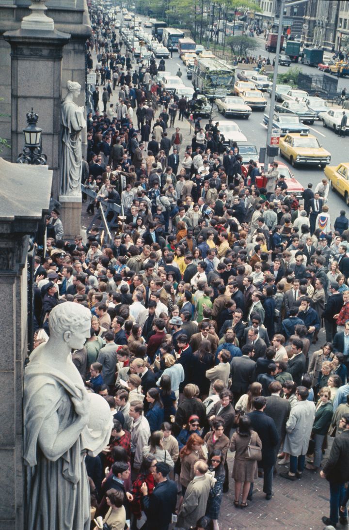 Columbia University students surround police officers at the entrance to the campus at 116th Street and Broadway in 1968.
