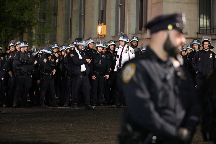 NYPD officers stand guard as they evict a building that had been barricaded by pro-Palestinian student protesters at Columbia University, in New York City on April 30, 2024. 