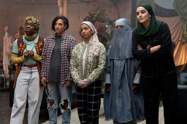 Faith Omole as Bisma, Sarah Kameela Impey as Saira, Anjana Vasan as Amina, Lucie Shorthouse as Momtaz, and Juliette Motamed as Ayesha in Season 2 of "We Are Lady Parts."