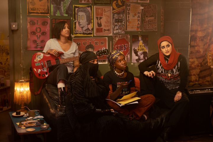 Sarah Kameela Impey as Saira, Lucie Shorthouse as Momtaz, Faith Omole as Bisma and Juliette Motamed as Ayesha in Season 2 of "We Are Lady Parts."