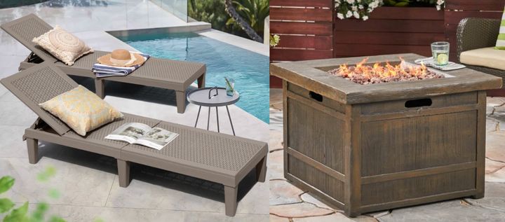 A pair of outdoor chaise lounge chairs and propane outdoor firepit.