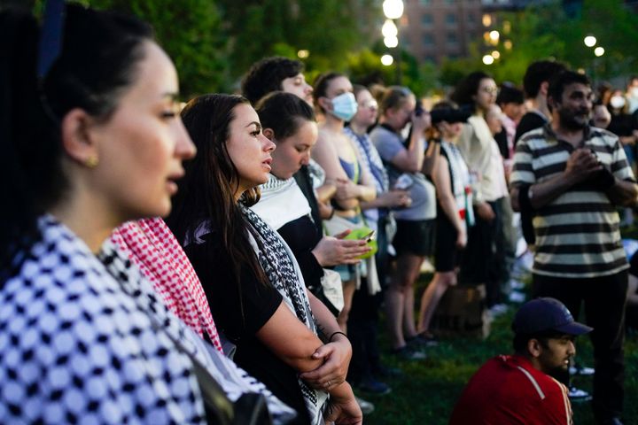Pro-Palestinian demonstrators gather Wednesday on the campus of Ohio State University. Protesters returned after 36 people were arrested last week.