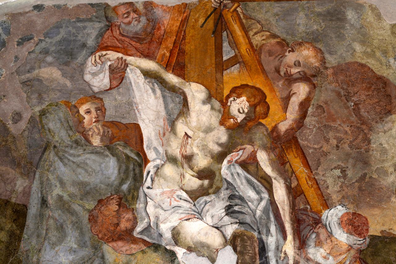 Deposition of Christ from the Cross, 1727, fresco by Leonardo Giampietro, former convent of the Friars Minor (now the Town Hall), Brienza, Basilicata, Italy, 18th century.