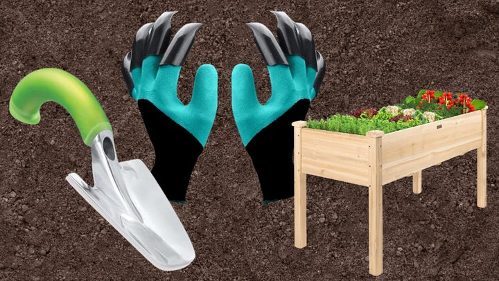 An ergonomic trowel, a pair of clawed gardening gloves and a raised gardening bed.