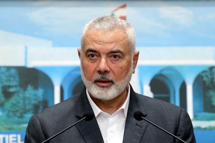 In this photo released by the Lebanese government, Hamas leader Ismail Haniyeh speaks during a press conference after meeting with Lebanese President Michel Aoun, in Baabda, Lebanon, Monday, June 28, 2021. Hamas said it would send a delegation to Cairo, Egypt, in the latest sign of progress for cease-fire talks between the Palestinian militant group and Israel.
