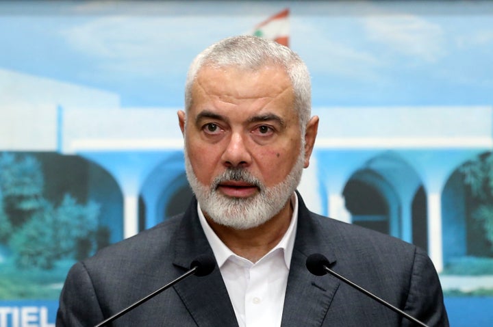 In this photo released by the Lebanese government, Hamas leader Ismail Haniyeh speaks during a press conference after meeting with Lebanese President Michel Aoun, in Baabda, Lebanon, Monday, June 28, 2021. Hamas said it would send a delegation to Cairo, Egypt, in the latest sign of progress for cease-fire talks between the Palestinian militant group and Israel.