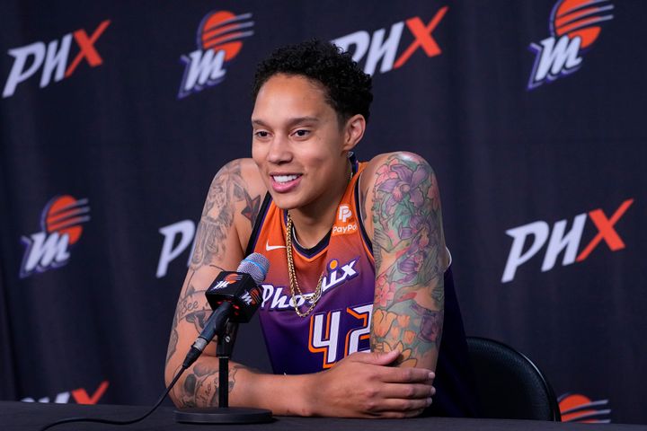 Post-release, Griner speaks during the WNBA's media day in May 2023.