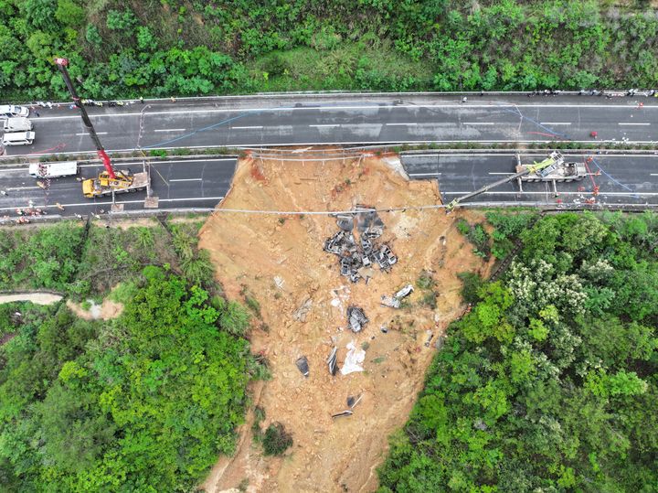 MEIZHOU, CHINA: Aerial view of a road cave-in on a section of the Meizhou-Dabu Expressway on May 1, 2024 in Meizhou, Guangdong Province of China. (Photo by Mei Zi/VCG via Getty Images)