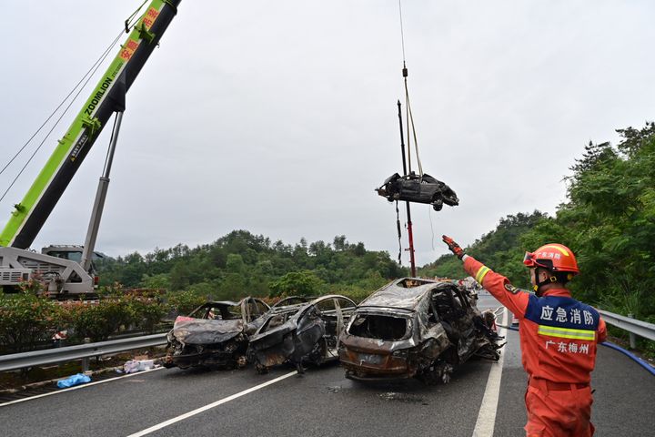 MEIZHOU, CHINA: Rescuers work at the site of a road cave-in on a section of the Meizhou-Dabu Expressway on May 1, 2024 in Meizhou, Guangdong Province of China. (Photo by Mei Zi/VCG via Getty Images)