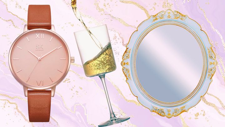 A minimalist watch, a cylindrical wineglass and a decorative mirror from Amazon.