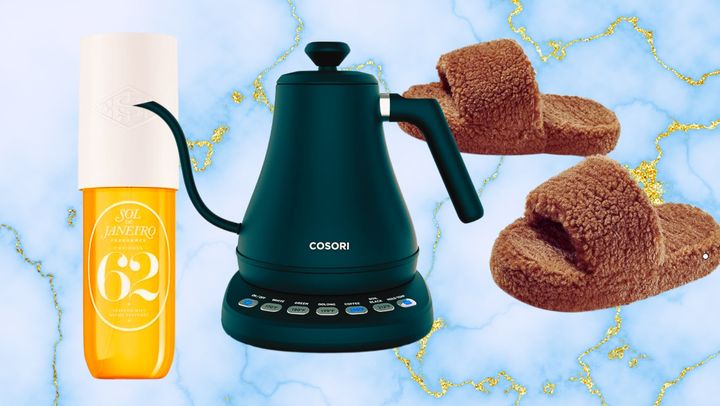 The Cosori gooseneck electric kettle, the Sol de Janeiro hair and body fragrance mist and a pair of comfy memory foam slippers from Amazon.