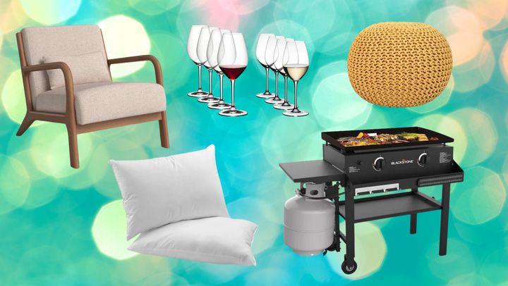 Accent chair, set of pillows, Riedel wineglasses, Blackstone griddle and woven pouf